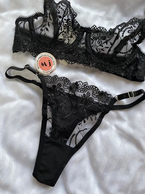 Mj Butik Mila Siyah Çiçekli  Bralette Takım