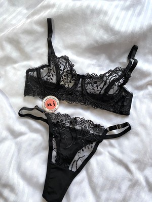 Mj Butik Mila Siyah Çiçekli  Bralette Takım