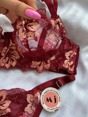 Mj Butik Dantelli Çiçekli Bordo Bralette Takım