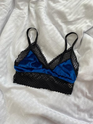 Mj Butik Mavi Kadife Dantelli  Bralette Takım