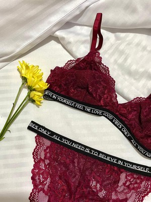 Mj Butik Dantelli Yazılı Bralette Takım