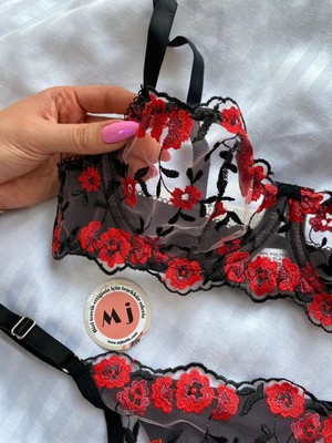 Mj Butik Beatriz Kırmızı Çiçekli  Bralette Takım