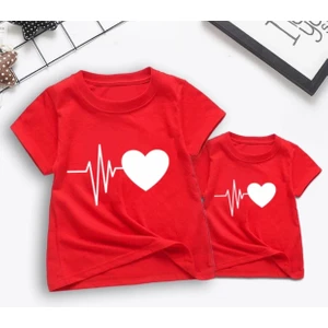 Kids Face Özel Tasarım Bisiklet Yaka Kalp Atışı Baskılı %100 Pamuk Anne-Çocuk Kombini T-Shırt