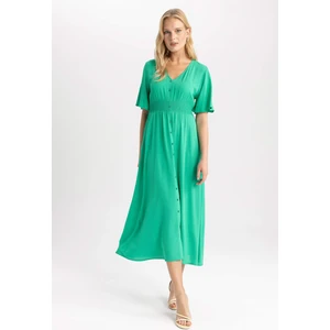 V Yaka Krinkıl Viskon Midi Kısa Kollu Elbise A4987AX23HS