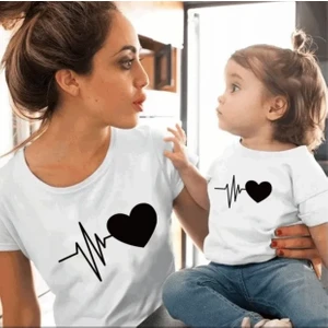 Kids Face Özel Tasarım Yuvarlak Yaka Kalp Atışı Baskılı %100 Pamuk Anne-Çocuk Kombini T-Shırt