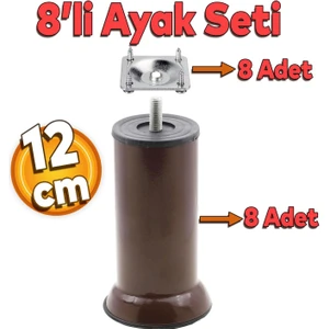 Mobilya Kanepe Baza Koltuk Destek Ayağı M8 Civata 12 Cm Kahverengi Ayakları Bağlantı Aparatı 8li Set