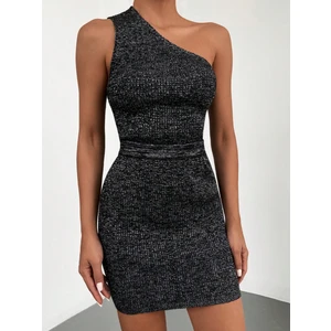 AQE FASHION Simli Tek Omuz Açık Kolsuz Etekli Ikili Siyah Takım