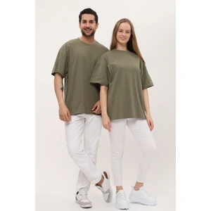 giyadda Unisex Haki Oversize Bol Kalıp Basic T-Shirt (Sevgili Çift Kombini Tavsiyesi)