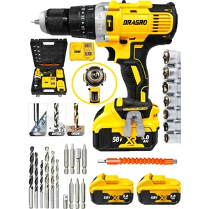 Alman 58 V 5 Ah 13 mm Çelik Mandren Darbeli Çift Akülü Vidalama Metal Şanzuman Şarjlı Matkap Sarıı DRG-58V5AH-13MM-SARI