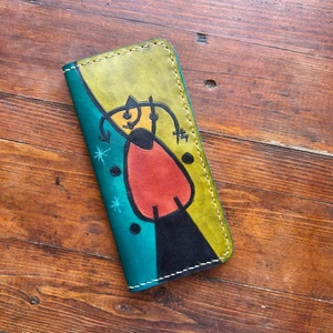 Joan Miro Gün Doğumu Desenli El Yapımı Hakiki (Gerçek) Deri Kartlık Cüzdan