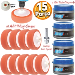 Oto Araç Araba  Çizik Gidereci Pasta Cila Polisaj Süngeri Pedi Zımpara Tabanlı 150 mm+Pasta +Matkap Aparatı (15 Parça Set)