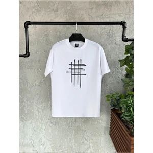 Çizgi Baskılı Beyaz Oversize Erkek Tshirt