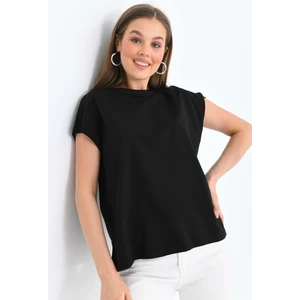Kadın Siyah Düşük Kol Pamuklu Örme T-Shirt