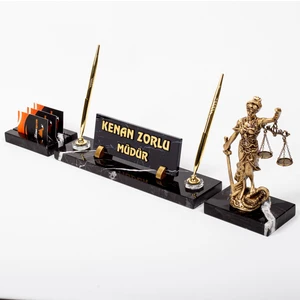 İsimlik Sepeti Themis Heykelli 3lü Mermer Isimlik Seti Avukat Ofis Masa Isimliği