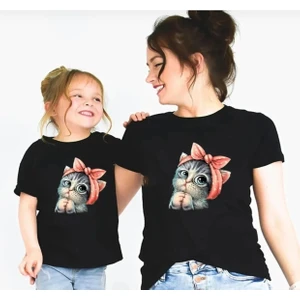 Kids Face Özel Tasarım Bandanalı Kedicik Baskılı %100 Pamuk Ter Tutmayan Anne-Çocuk Kombini T-Shırt