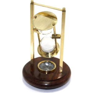 Sea Power Denizci Pusulalı Ağaç Tabanlı Pirinç Denizci Kum Saati 16CM