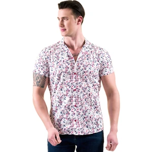 Exve Exclusive Beyaz Üzerine Kırmızı Mavi Çiçek Baskılı Pamuk Hawaii Apaş Yaka Kısa Kollu Yazlık Gömlek