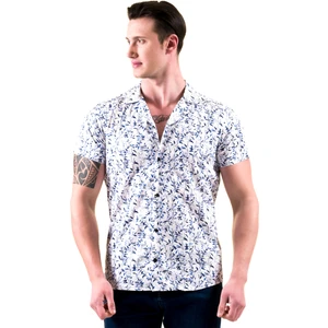 Exve Exclusive Beyaz Üzerine Mavi Çiçek Baskılı Pamuk Hawaii Apaş Yaka Kısa Kollu Yazlık Gömlek