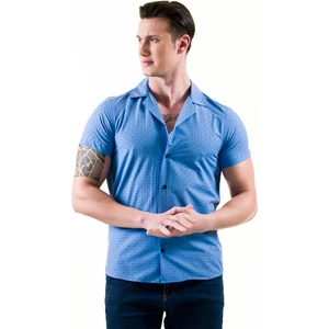 Exve Exclusive Mavi Üzerine Lacivert Geometrik Desen Baskılı Hawaii Apaş Yaka Kısa Kollu Yazlık Gömlek