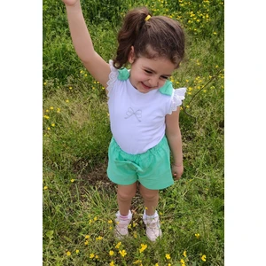 Novy Baby Fiyonklu Fisto Kollu Taş Baskılı Tshirt Fiyonklu Şort Kız Çocuk 2'li Takım - 2-5 Yaş - 2304