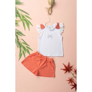Novy Baby Fiyonklu Fisto Kollu Taş Baskılı Tshirt Fiyonklu Şort Kız Çocuk 2'li Takım - 2-5 Yaş - 2304