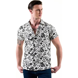 Exve Exclusive Beyaz Üzerine Siyah Çiçek Yaprak Baskılı Pamuk Hawaii Apaş Yaka Kısa Kollu Yazlık Gömlek