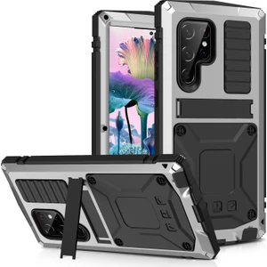 Samsung Galaxy S23 Ultra Pc+Silikon+Metal Su Geçirmez Bırakma Korumalı Kılıf Hafif Cam Ekran Koruyucu ile Gizli Kickstand Back Cover (Yurt Dışından)