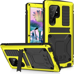 Samsung Galaxy S23 Ultra Pc+Silikon+Metal Su Geçirmez Bırakma Korumalı Kılıf Hafif Cam Ekran Koruyucu ile Gizli Kickstand Back Cover (Yurt Dışından)