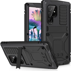 Samsung Galaxy S23 Ultra Pc+Silikon+Metal Su Geçirmez Bırakma Korumalı Kılıf Hafif Cam Ekran Koruyucu ile Gizli Kickstand Back Cover (Yurt Dışından)