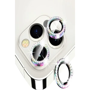 Case World Apple iPhone 13 Pro Max ile Uyumlu Gökkuşağı Taşlı Tasarım Temperli Cam Kamera Lens Koruyucu