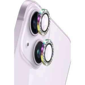 Case World Apple iPhone 13 Mini ile Uyumlu Gökkuşağı Taşlı Tasarım Temperli Cam Kamera Lens Koruyucu