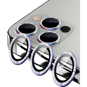 Case World Apple iPhone 11 Pro ile Uyumlu Gökkuşağı Taşlı Tasarım Temperli Cam Kamera Lens Koruyucu