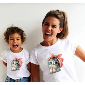 Kids Face Özel Tasarım Bandanalı Kedicik Baskılı Pamuk Ter Tutmayan Anne-Çocuk Kombini T-Shırt