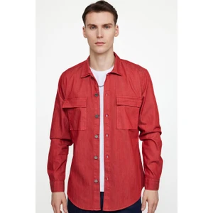 Slim Fit Denim Çift Cep Kapaklı Metal Düğme Erkek Kırmızı Gömlek