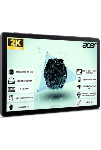 Acer Iconia Tab P10 4 GB Ram 64 GB 10.4" 2K (2000 x 1200 ) IPS  Yeni Nesil Android Tablet  NT.LFQEY.001