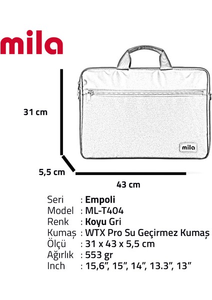 ML-T404 Empoli Serisi 15.6"  Su Geçirmez Kumaş ,laptop ,notebook Taşıma Çantası -Gri