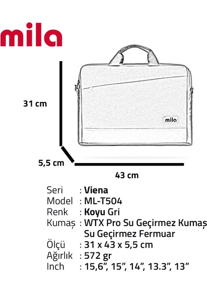 ML-T504 Viena Serisi 15.6" Su Geçirmez Kumaş, Laptop ,notebook Taşıma Çantası -Gri