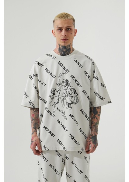 Oversize Unisex Mchnst Angels Baskili T-Shirt Gri