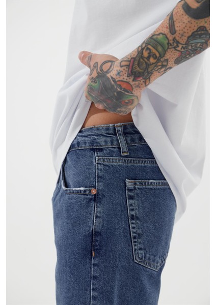 Loose Fıt Denim Bermuda Şort Koyu Mavi
