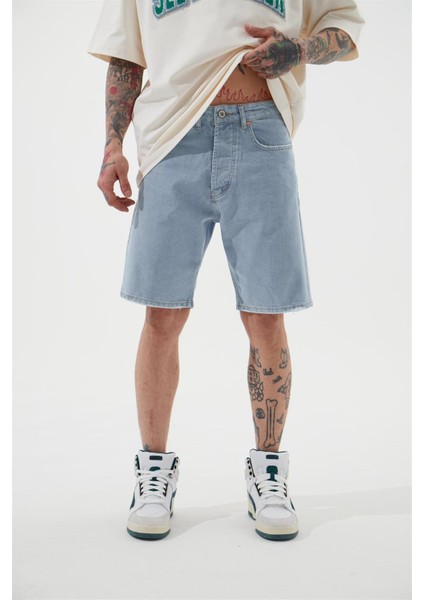 Loose Fıt Denim Bermuda Şort Açık Mavi