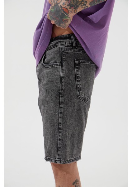 Loose Fıt Denim Bermuda Şort Antrasit
