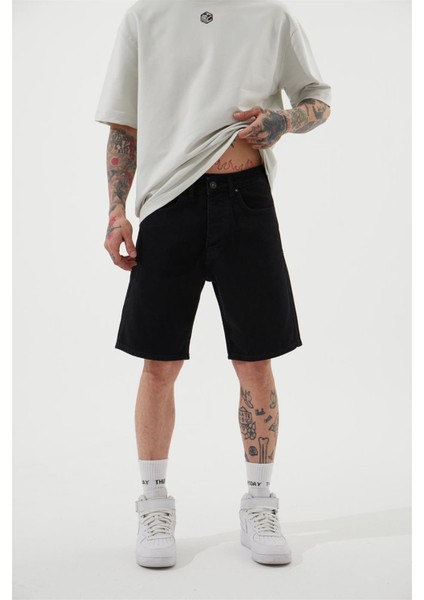Loose Fıt Denim Bermuda Şort Dark Siyah