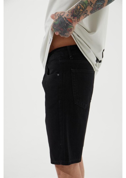 Loose Fıt Denim Bermuda Şort Dark Siyah