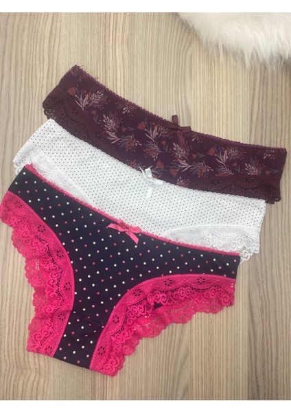 Bikini 3 Adet Beli Floş Damla, Paça Sur Dantel