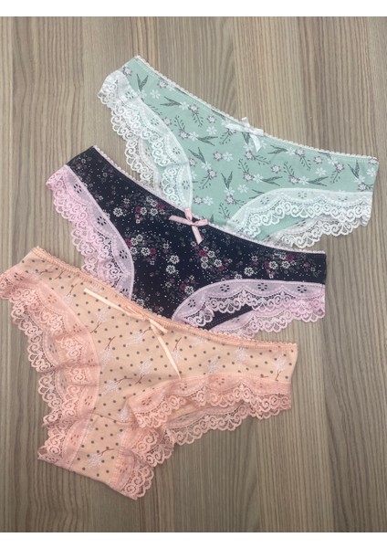 Bikini 3 Adet Beli Floş Damla, Paça Sur Dantel