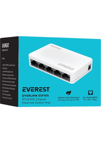 Everlınk ESF105 5 Port Ethernet Switch Hub 10/100MBPS Fast
