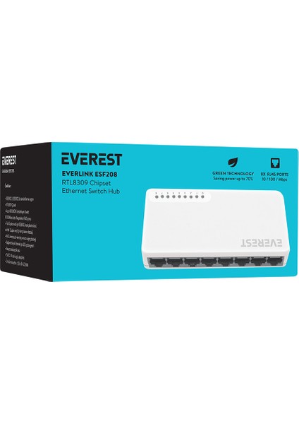 Everlınk ESF208 8 Port Ethernet Switch Hub 10/100MBPS Fast