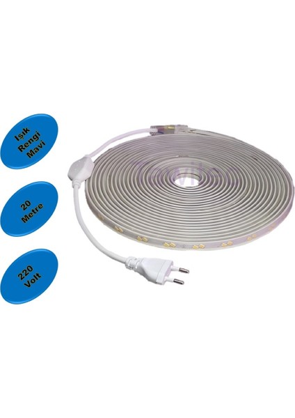 Hortum Şerit LED 220 Volt Su Geçirmez Fiş Dahil Metrede 68 LED 5730 Mavi 20 Metre