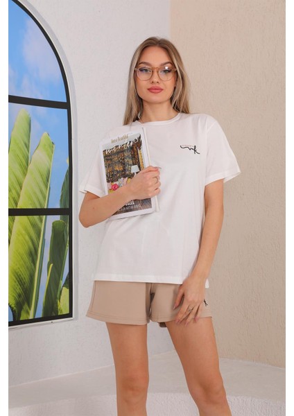 Kadın T-Shirt Şort Günlük Spor Takım, Şortlu Pijama Takımı Bej modelleri