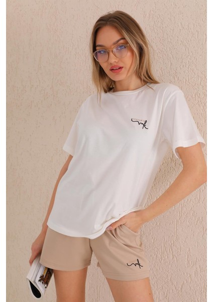 Kadın T-Shirt Şort Günlük Spor Takım, Şortlu Pijama Takımı Bej fırsatları